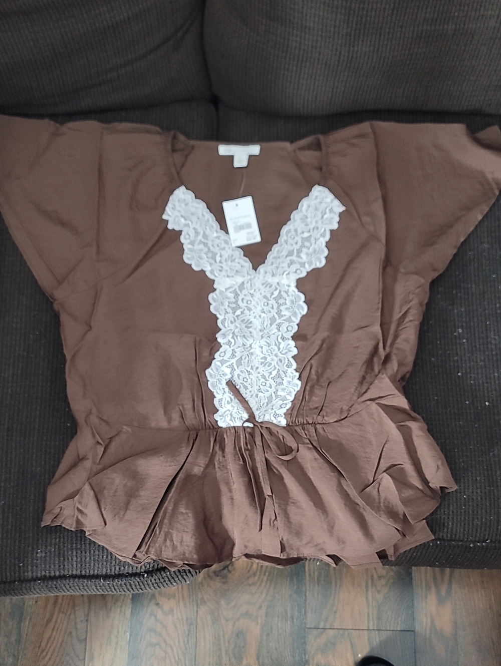 Cato Brown Blouse with White Lace Trim